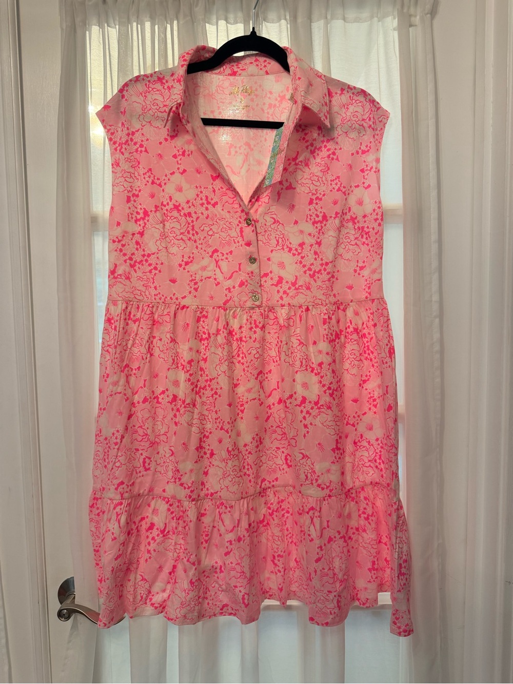 Lilly Pulitzer Pink Floral Collared Sleeveless Tiered Tunic
